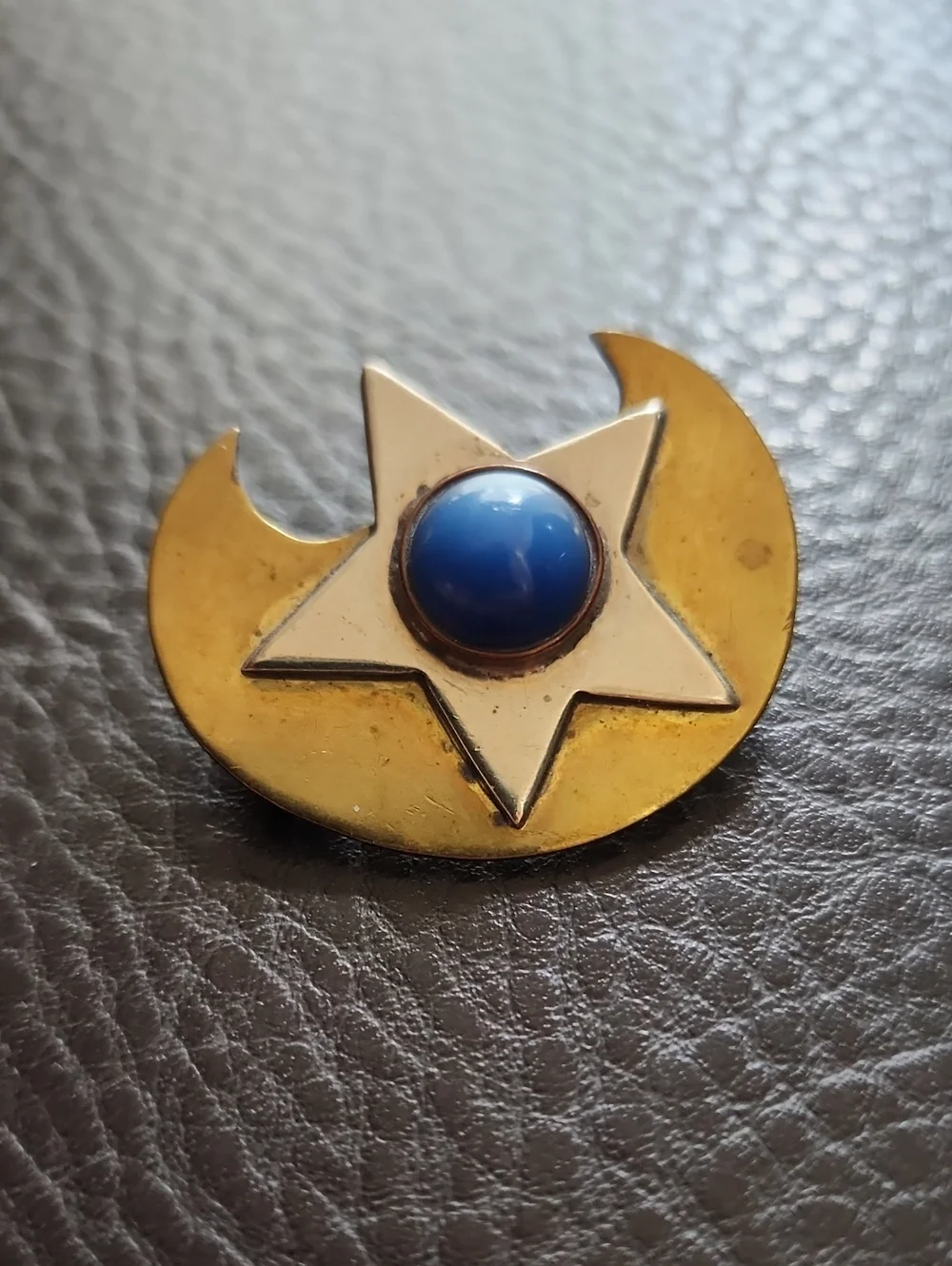 VTG Brass-tone Crescent & Star Brooch with Blue Cabochon
